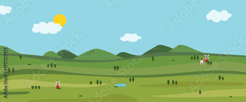 Minimalist Flat Vector Summer Landscape with Green Hills and Windmills