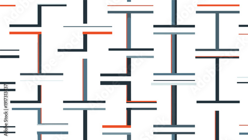 Modern abstract geometric pattern uses bold intersecting lines and blocks of color including blue, orange, and gray for contemporary art look.