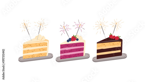 Three slices of different cakes including vanilla, red velvet, and chocolate are shown with lit sparklers on top for festive party celebration.