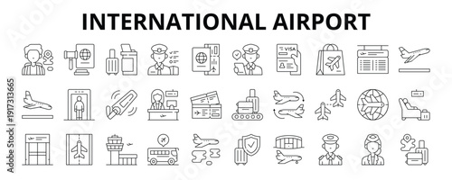 30 International Airport Line Icons Vector - Immigration, Check In, Customs, Passport, Visa, Baggage Claim, International Flight