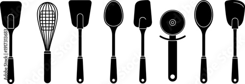 Kitchen utensil icon set, spatula, whisk, spoon, pizza cutter symbols, cooking tools vector illustration isolated black silhouette design collection bundle