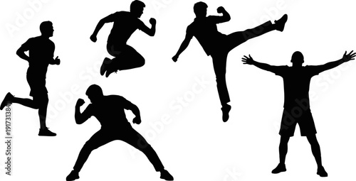 Athlete silhouette collection running jumping kicking celebrating isolated on white background, active men fitness training, dynamic motion sports illustration set