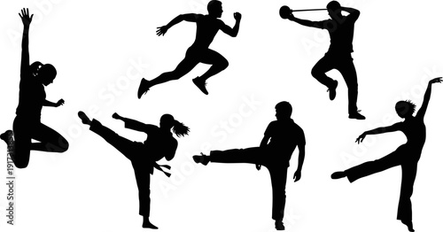 Athlete silhouette collection running jumping kicking dancing exercising isolated on white background, active men and women, dynamic fitness action illustration set