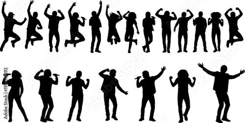 Dancing people silhouette collection, singers performers jumping posing isolated on white background, party concert celebration, dynamic music illustration set bundle
