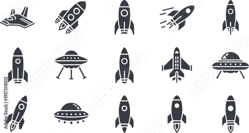 Rocket and spaceship silhouettes collection isolated on white background, space exploration vector icon set including UFO and shuttle