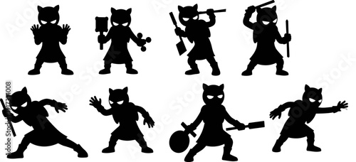 Cartoon ninja cat silhouette set action poses fighting isolated on white background, cute warrior character vector illustration collection design