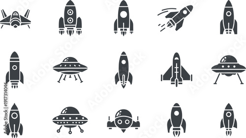 Rocket and UFO silhouettes set isolated on white background, space exploration spaceship vector icon collection for sci fi design