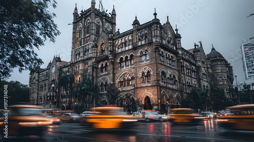 Chhatrapati Shivaji Maharaj Terminus in Mumbai, India, with blurred traffic on a rainy day.