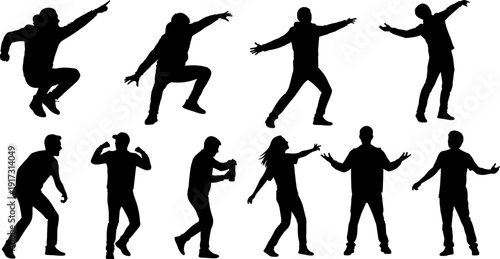 Dancing people silhouette set expressive men and women dance poses isolated on white background, party movement vector illustration collection