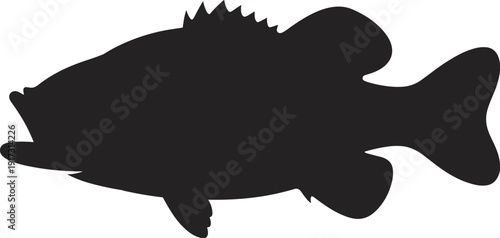 Black silhouette of a large bass fish side view isolated on white background fishing sport trophy nature aquatic,