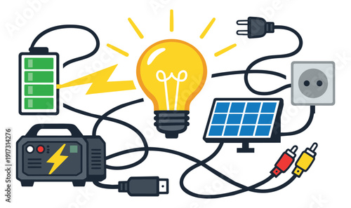 Modern flat design power supply set featuring a lightbulb, battery, solar panel, and generator for sustainable energy solutions