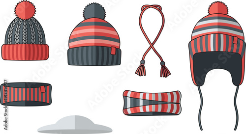 Winter hats and headwear set, flat vector illustrations with various knitted beanies, pompom hats, earflap cap and striped headbands isolated on white background.