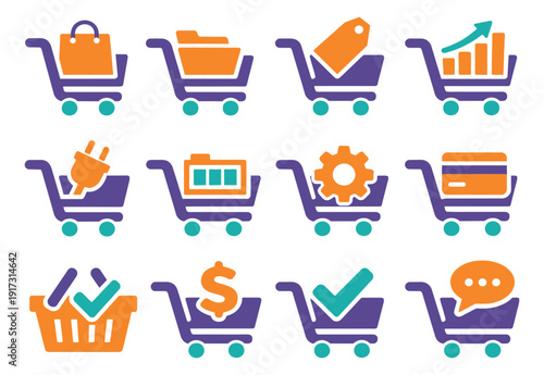 Graphic e-commerce icon set featuring shopping, business, payment, and service symbols for online shopping and digital services