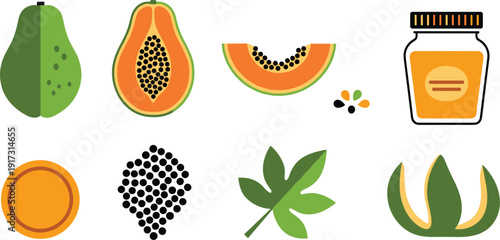 Fresh papaya fruit and jam set, flat vector illustrations with whole papaya, half fruit with black seeds, papaya slice, green leaf and a jar of fruit preserve isolated on white background.
