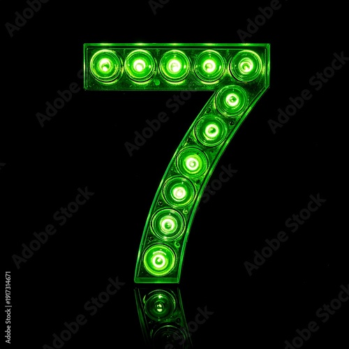 Wallpaper Mural Illuminated number seven, constructed from green lights, stands brightly against a black background, with reflection below Torontodigital.ca