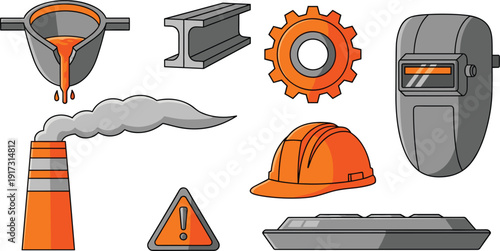 Industrial metallurgy and steel production icon set featuring molten metal pouring welding mask safety helmet factory chimney and gear
