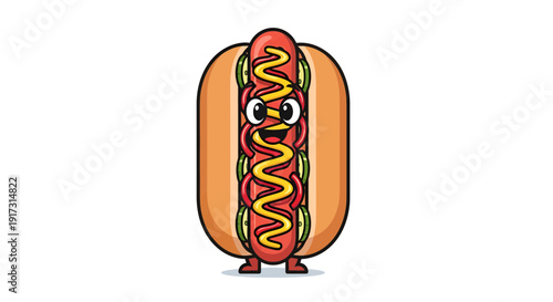 Joyful cartoon hot dog character standing and smiling with mustard and ketchup topping