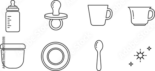 Baby feeding and tableware icon set, black outline vector illustrations with baby bottle, pacifier, toddler cup, bowl, plate and spoon isolated on white background.