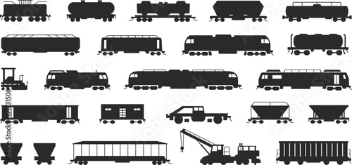 Black silhouettes of various train locomotives and railway carriage set isolated on white background heavy logistics industrial rail transport,