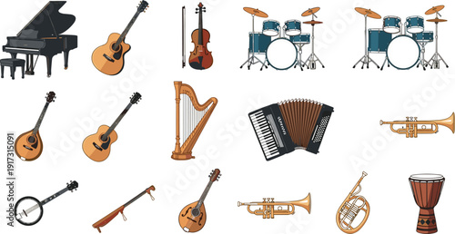 Professional vector illustration set of classical and folk musical instruments including grand piano, violin, harp, drums, and flute for music education branding