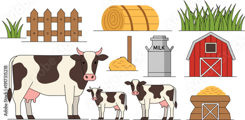 Dairy farm and cows elements set with spotted milk cows, red barn, hay bales, wooden fence and milk can on white background.