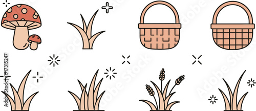 Forest and harvesting elements set, flat vector illustrations with red mushrooms, wicker baskets, wheat stalks and various grass tufts isolated on white background.