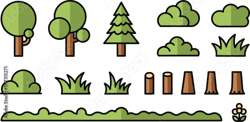 Forest and nature elements set, flat vector illustrations with various green trees, pine tree, bushes, grass tufts, tree stumps and a flower isolated on white background.
