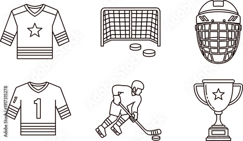 Hockey outline icon set, jersey, goal, helmet, player, trophy symbols, sport vector illustration isolated line design collection bundle graphic