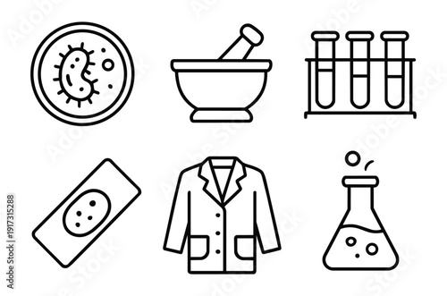 Linear icons representing microbiology pharmaceutical tools lab equipment and protective clothing high quality professional detailed
