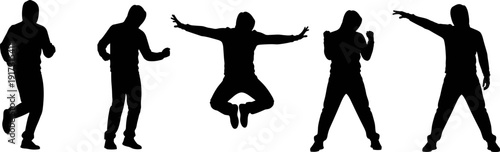 Hooded man silhouette collection dancing jumping posing isolated on white background, urban lifestyle, hip hop dancer, casual people illustration set