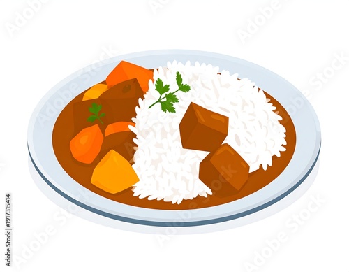 Wallpaper Mural Illustration of a traditional dish. Curry with chunks of meat and vegetables served with fluffy white rice on a plate Torontodigital.ca