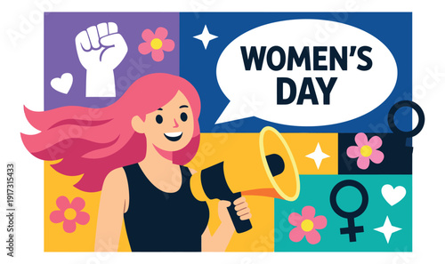 Modern flat illustration of a woman holding a megaphone depicting women's empowerment for International Women's Day