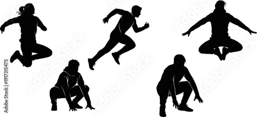 Athlete silhouette set jumping running squatting landing poses isolated on white background, dynamic sports action, fitness training, motion collection vector illustration clipart design element