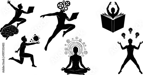 Learning and creativity silhouette set reading thinking meditating studying with books, brain, ideas isolated on white background vector illustration collection