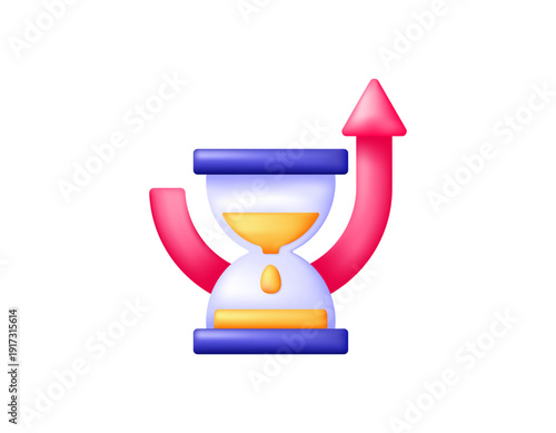concept of countdown to update. The timing and schedule of system, version, or software updates. upgrade and development. Illustration of an hourglass and an upward arrow symbol. 3D vector style. Icon