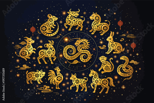 A circular arrangement of the twelve animals of the Chinese zodiac, intricately decorated with golden patterns against a dark, star-filled background.