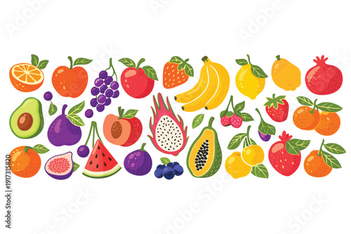 A vibrant and diverse collection of fresh, ripe fruits artfully arranged in a horizontal banner, showcasing a variety of colors and textures.
