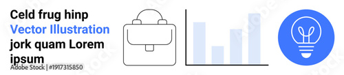 Business strategy, education tools, innovation, growth analytics, learning methods, creative ideas. A backpack, bar graph and lightbulb icon in blue. Business strategy and education tools concept