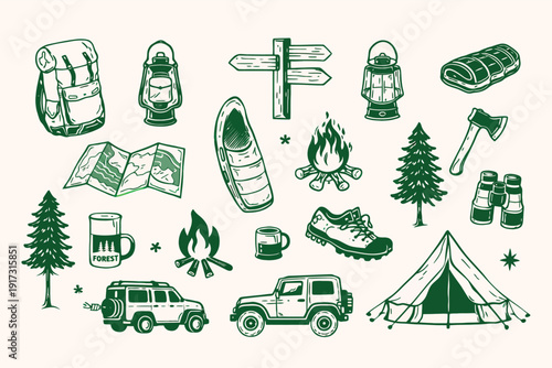 A collection of hand-drawn green illustrations depicting various camping and outdoor adventure equipment and elements, including tents, backpacks, lanterns, and vehicles.