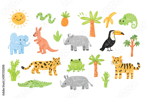 A vibrant collection of colorful cartoon jungle animals and tropical plants, including a sun, elephant, kangaroo, rhino, toucan, chameleon, snake, pineapple, banana, and crocodile.