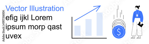 Financial growth, business planning, economic trends, investment analysis, professional strategy, data insights. Bar chart, coin stack woman holding clipboard. Financial growth and business planning