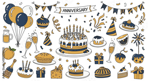 A vibrant collection of hand-drawn illustrations celebrating an anniversary with cakes, balloons, gifts, and festive decorations.