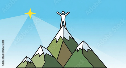 Person standing on mountain peak reaching for star.