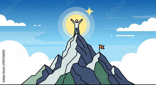 Person standing on mountain peak celebrating success with arms raised high.