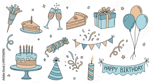 A collection of hand-drawn birthday party elements including cakes, balloons, gifts, confetti, and banners, rendered in a charming, simple style.