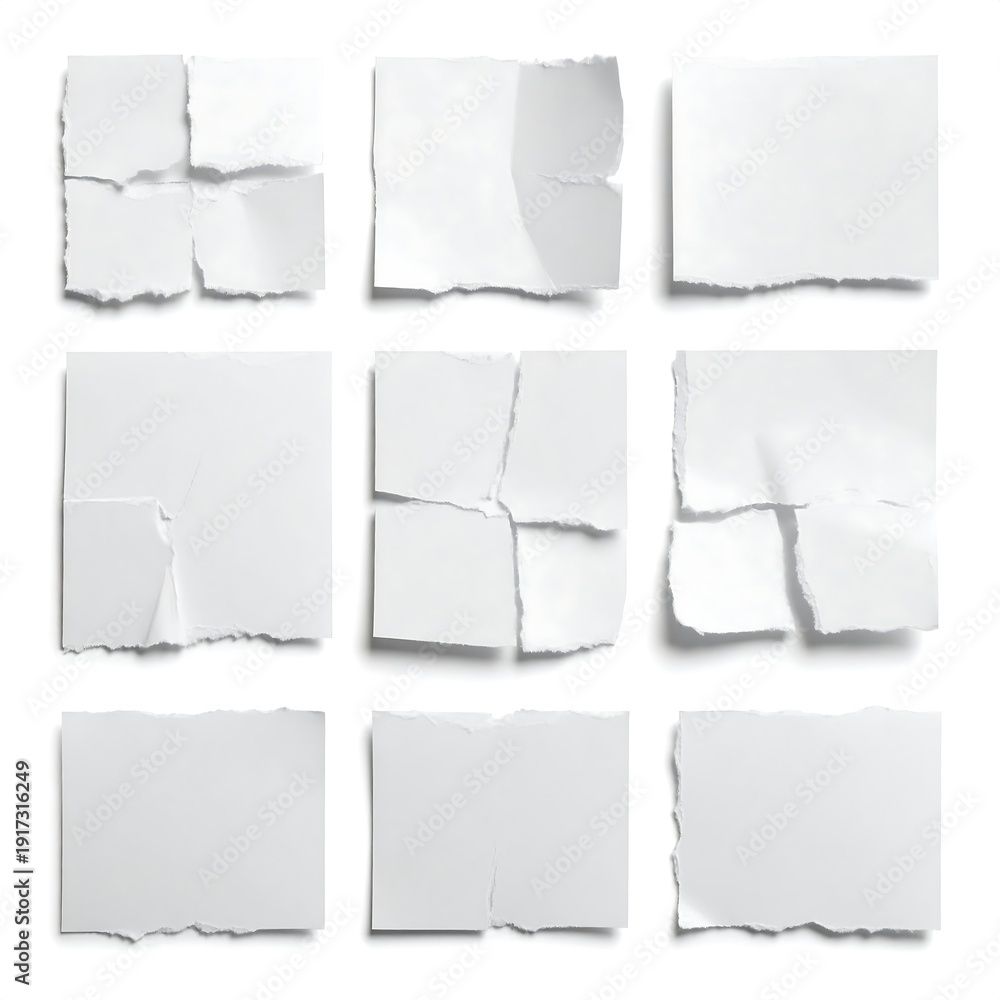 custom made wallpaper toronto digitalNine torn pieces of white paper arranged in a three-by-three grid against a white background. Each piece exhibits a torn edge