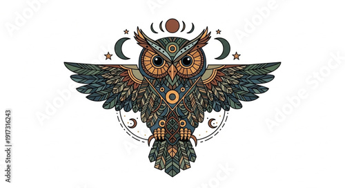 Ornate Owl Illustration with Celestial Symbols.