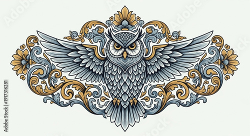 Ornate Owl Illustration with Spread Wings and Decorative Elements.