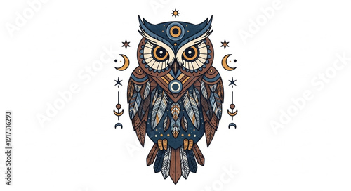 Ornate Owl Illustration with Celestial Symbols.
