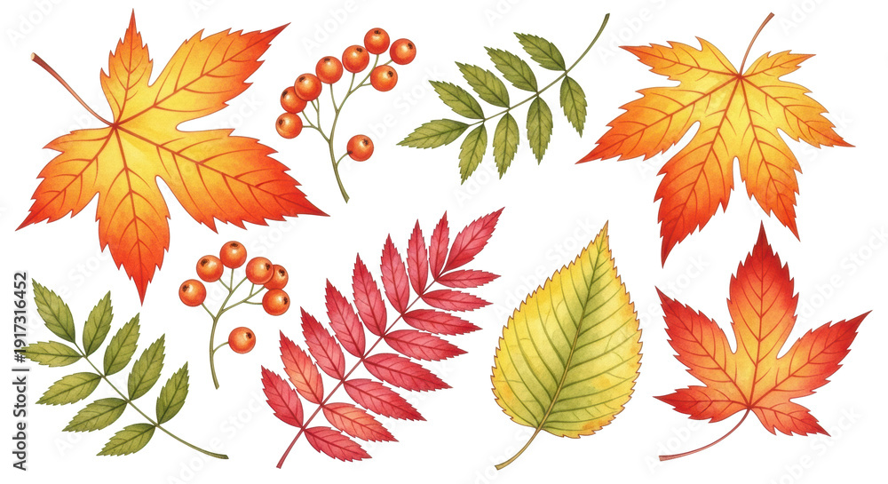 Obraz premium Various vibrant autumn leaves and red berries, detailed watercolor illustration on a transparent background with copy space, celebration of autumn's natural beauty